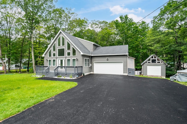 4130 Mill Creek Dr, Cresco, PA 18326 - chalet / cabin featuring a front yard, a shingled roof, a wooden deck, an attached garage, and view of scattered trees