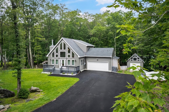 4130 Mill Creek Dr, Cresco, PA 18326 - rustic home featuring a garage, a front yard, roof with shingles, a deck, and driveway