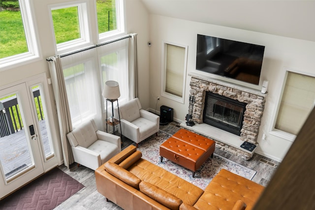 4130 Mill Creek Dr, Cresco, PA 18326 - living area featuring wood finished floors and a stone fireplace