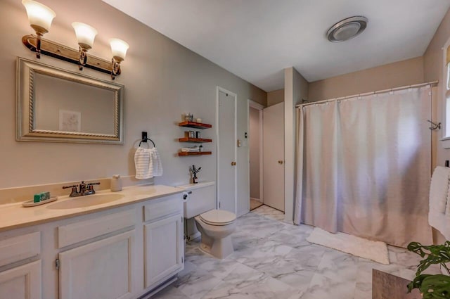 full bath with vanity, marble finish floor, a shower with shower curtain, and toilet