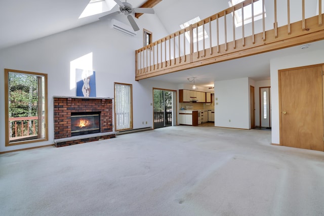 476 Hyland Dr, East Stroudsburg, PA 18301 - unfurnished living room with a brick fireplace, high vaulted ceiling, a skylight, and light carpet