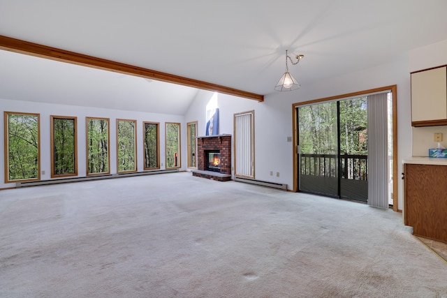 476 Hyland Dr, East Stroudsburg, PA 18301 - unfurnished living room featuring light colored carpet, baseboard heating, a fireplace, vaulted ceiling with beams, and a baseboard radiator