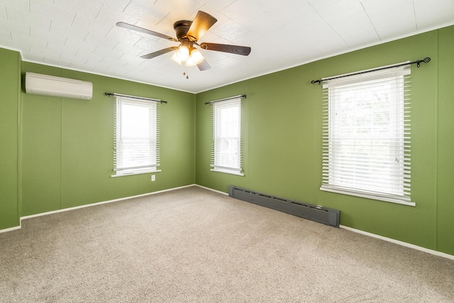 247 S 7th St, Lehighton, PA 18235 - spare room featuring a wall mounted air conditioner, a baseboard heating unit, carpet, a ceiling fan, and ornamental molding