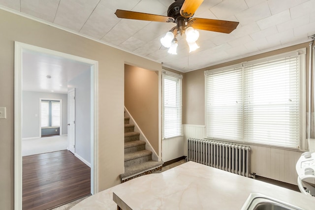 247 S 7th St, Lehighton, PA 18235 - stairway featuring radiator heating unit, ceiling fan, ornamental molding, a wainscoted wall, and wood finished floors