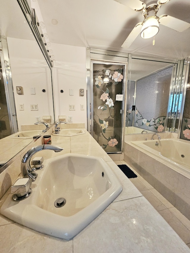 5081 Woodbridge Dr E, Bushkill, PA 18324 - full bathroom with a bath, double vanity, tile patterned floors, and a ceiling fan