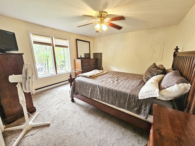5081 Woodbridge Dr E, Bushkill, PA 18324 - bedroom with a baseboard heating unit, carpet flooring, and a ceiling fan