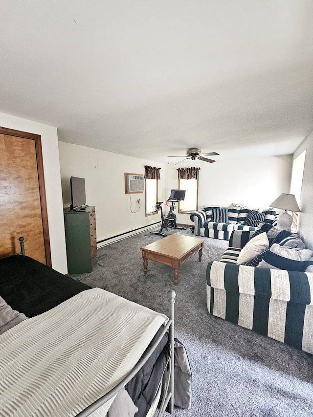 5081 Woodbridge Dr E, Bushkill, PA 18324 - bedroom with a wall unit AC, carpet floors, a baseboard radiator, and a ceiling fan