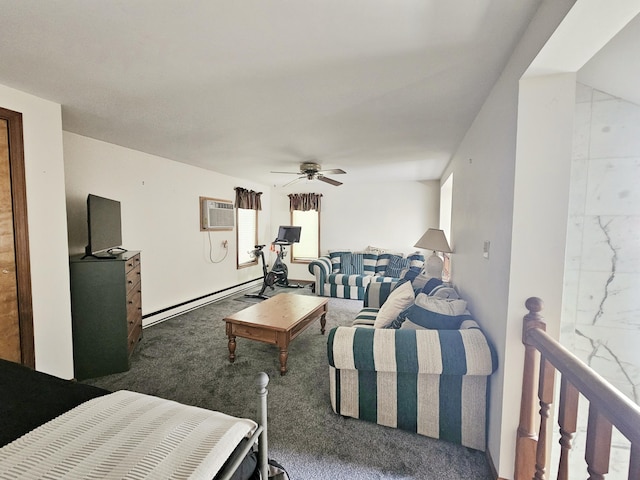 5081 Woodbridge Dr E, Bushkill, PA 18324 - living room with carpet, a baseboard heating unit, a wall mounted AC, and a ceiling fan