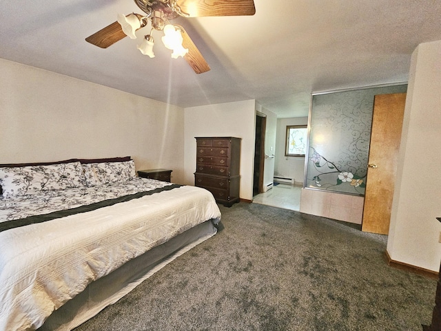 5081 Woodbridge Dr E, Bushkill, PA 18324 - carpeted bedroom with a baseboard radiator, baseboards, and ceiling fan