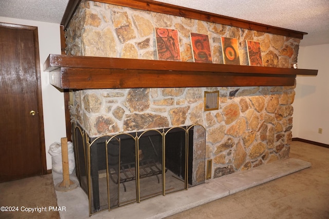 6760 Bear Creek Blvd, Bear Creek Township, PA 18702 - details featuring a fireplace, a textured ceiling, carpet floors, and baseboards
