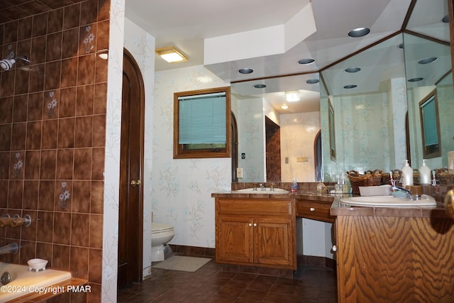 6760 Bear Creek Blvd, Bear Creek Township, PA 18702 - bathroom with toilet, wallpapered walls, tile patterned flooring, walk in shower, and vanity