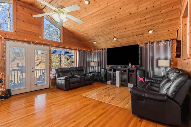 840 Columbus Ave, Stroudsburg, PA 18360 - living room with high vaulted ceiling, french doors, wood ceiling, light wood finished floors, and a ceiling fan