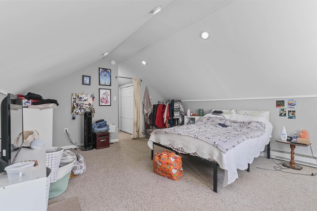 840 Columbus Ave, Stroudsburg, PA 18360 - carpeted bedroom with vaulted ceiling, recessed lighting, a baseboard radiator, and baseboards