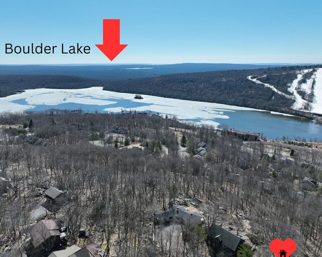 aerial view featuring a wooded view and a water view