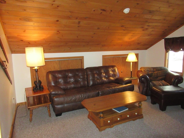 carpeted living area featuring vaulted ceiling and wooden ceiling