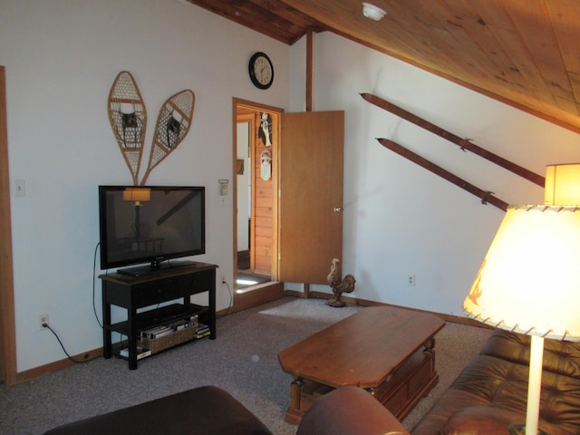 carpeted living area with wooden ceiling, lofted ceiling with beams, and baseboards