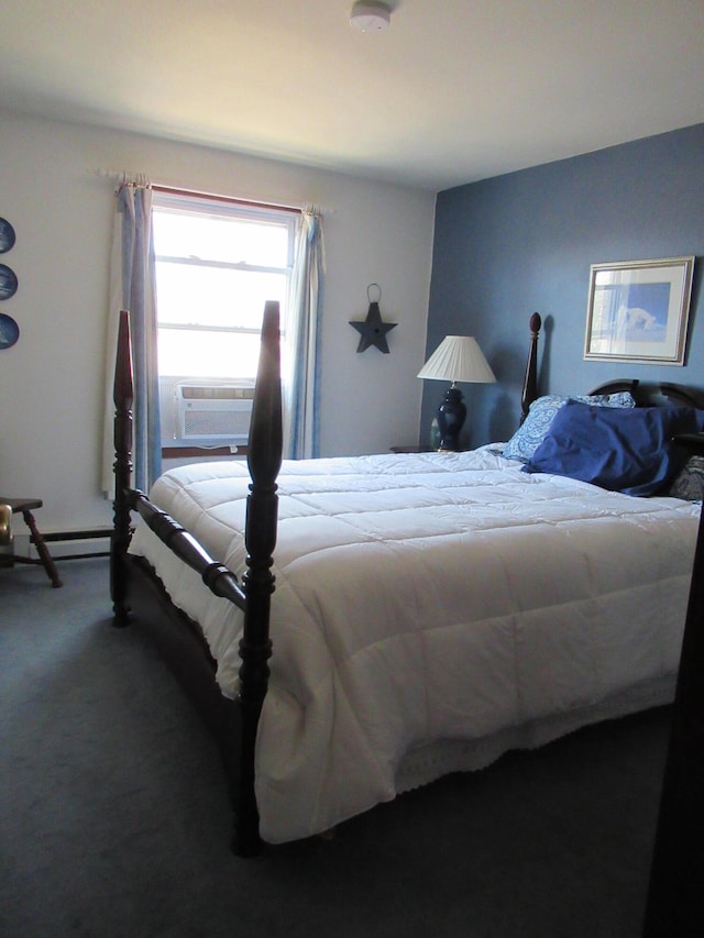 bedroom featuring a wall unit AC and carpet