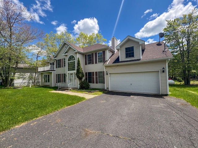 439 Cedar Dr, Long Pond, PA 18334 - colonial-style house featuring asphalt driveway, a balcony, a front yard, an attached garage, and a chimney