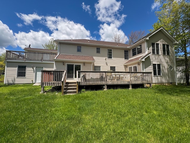 439 Cedar Dr, Long Pond, PA 18334 - rear view of house with a wooden deck and a yard