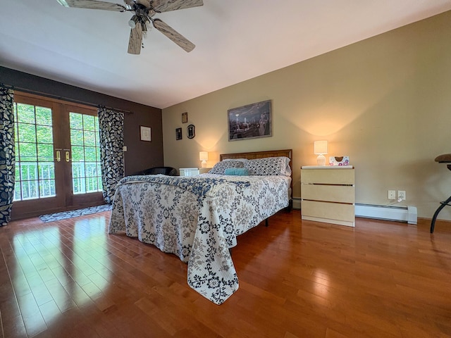 439 Cedar Dr, Long Pond, PA 18334 - bedroom with a baseboard heating unit, wood finished floors, access to outside, french doors, and a ceiling fan