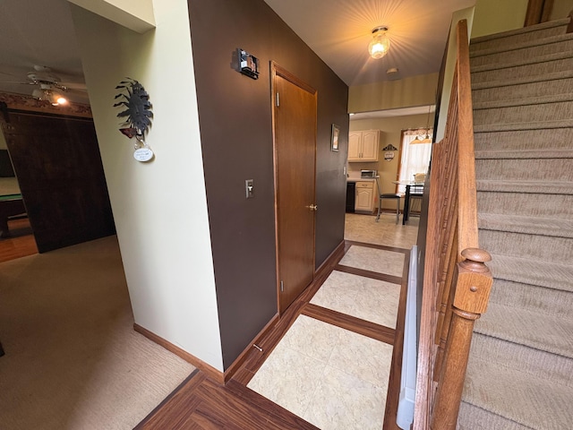 439 Cedar Dr, Long Pond, PA 18334 - staircase featuring ceiling fan and baseboards