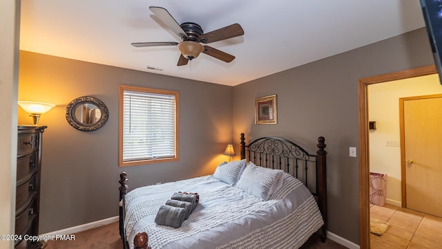 bedroom with ceiling fan, visible vents, and baseboards