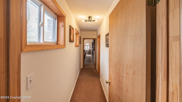 hallway featuring carpet floors and baseboards