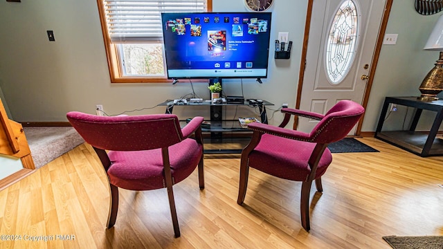 living area featuring baseboards and wood finished floors