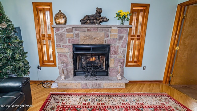 room details with a fireplace, baseboards, and wood finished floors