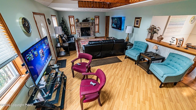 living room featuring wood-type flooring and a fireplace