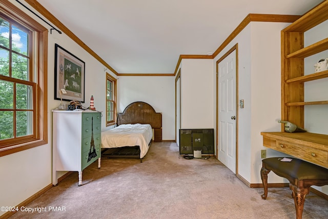 bedroom with multiple windows, crown molding, and light colored carpet