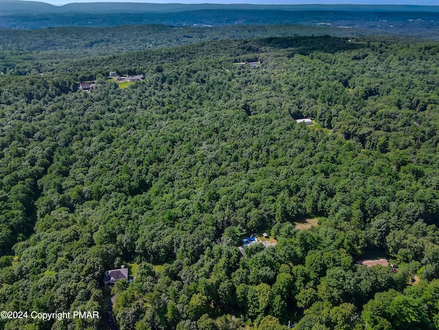 birds eye view of property featuring a wooded view