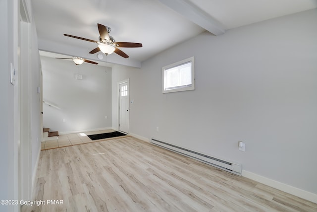 spare room featuring a baseboard heating unit, beam ceiling, baseboards, and wood finished floors