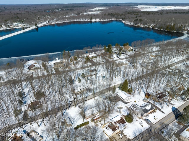 snowy aerial view with a water view