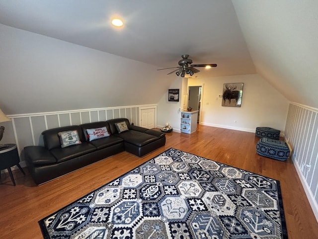 389 Joanne Ct, Bartonsville, PA 18321 - living room with lofted ceiling, wood finished floors, a ceiling fan, and baseboards