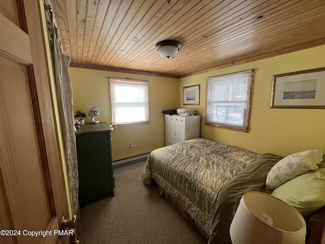 bedroom with a baseboard heating unit, carpet, wooden ceiling, and ornamental molding