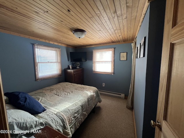 bedroom with carpet, a baseboard radiator, wooden ceiling, and crown molding