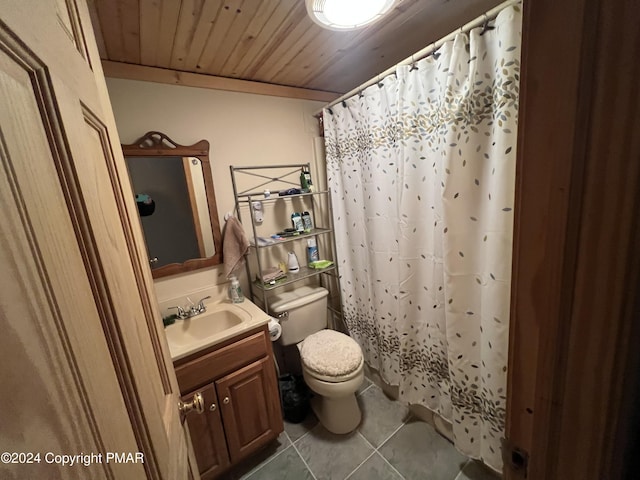 bathroom featuring tile patterned flooring, toilet, wood ceiling, vanity, and a shower with curtain