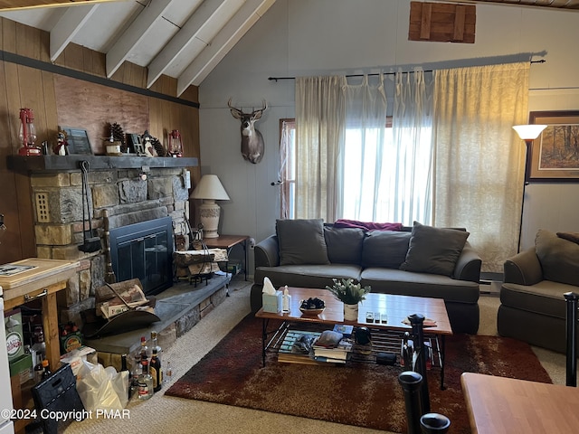 carpeted living room with high vaulted ceiling, a baseboard heating unit, wood walls, a fireplace, and beam ceiling