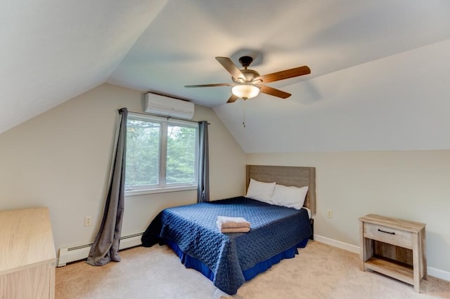 carpeted bedroom with baseboards, lofted ceiling, an AC wall unit, and a baseboard radiator