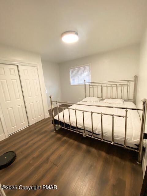 bedroom featuring dark wood-style floors and a closet