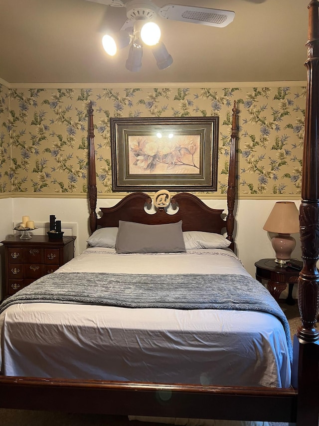 5112 Navajo Pl, Tobyhanna, PA 18466 - bedroom featuring wallpapered walls, wainscoting, and a ceiling fan