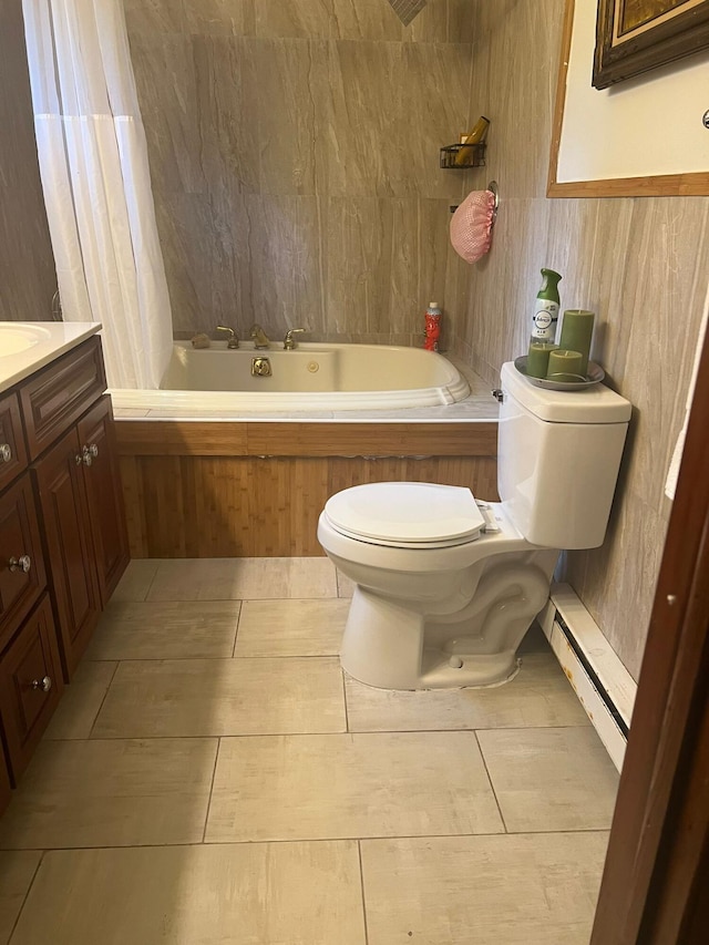 5112 Navajo Pl, Tobyhanna, PA 18466 - full bath featuring a baseboard radiator, shower / bath combination with curtain, and vanity