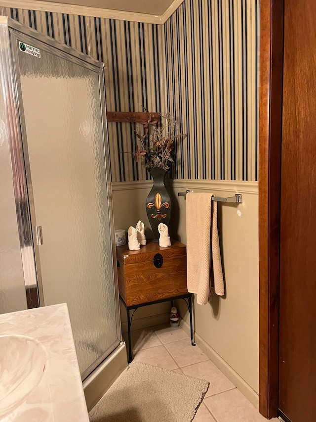 5112 Navajo Pl, Tobyhanna, PA 18466 - bathroom featuring tile patterned flooring, a shower stall, vanity, and wallpapered walls