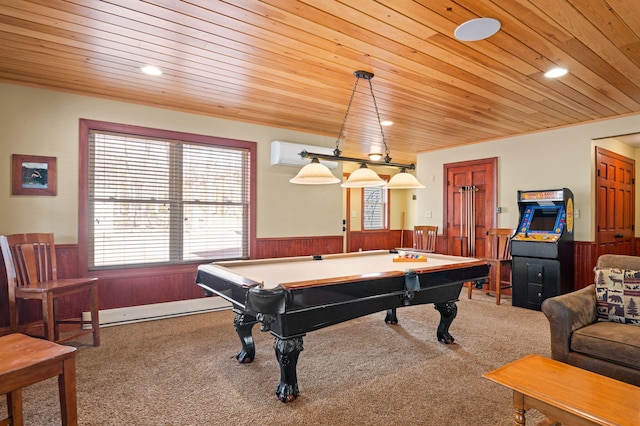 playroom featuring a wainscoted wall, wooden ceiling, and carpet floors