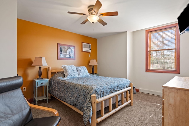 bedroom featuring carpet flooring, baseboards, a wall mounted air conditioner, and ceiling fan