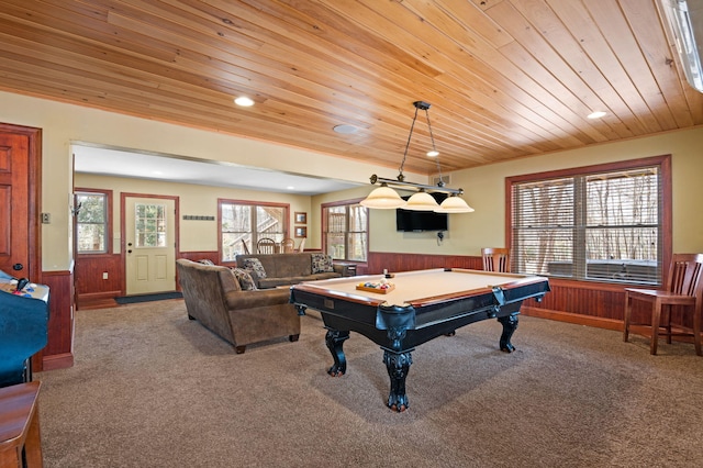 recreation room featuring a wainscoted wall, billiards, wood ceiling, and carpet flooring