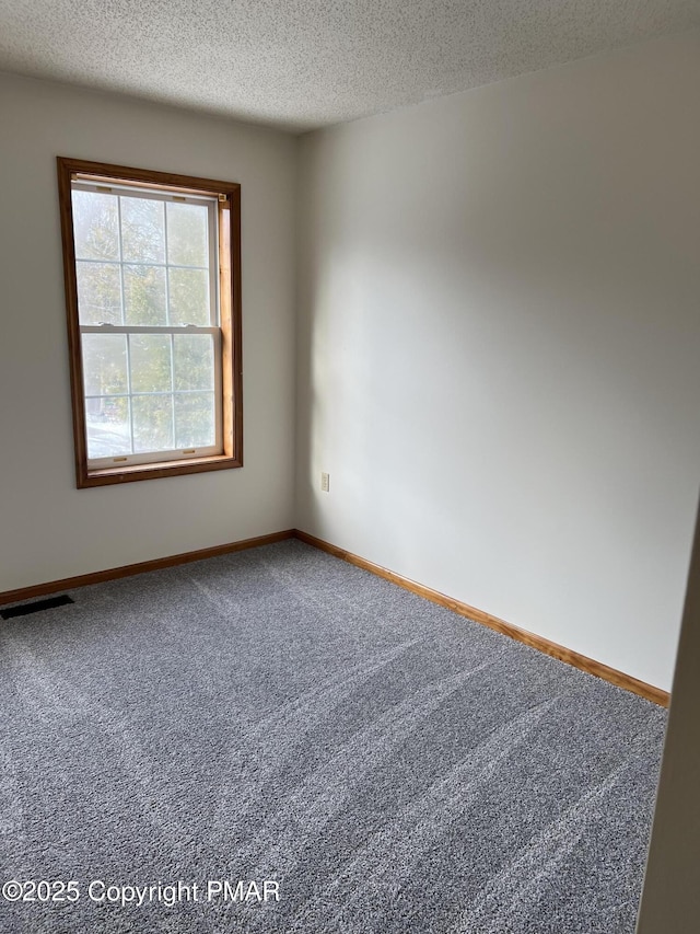 empty room featuring a textured ceiling, carpet flooring, visible vents, and baseboards