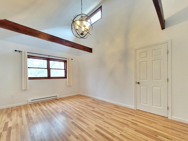 empty room with a baseboard radiator, baseboards, light wood-style floors, beamed ceiling, and an inviting chandelier