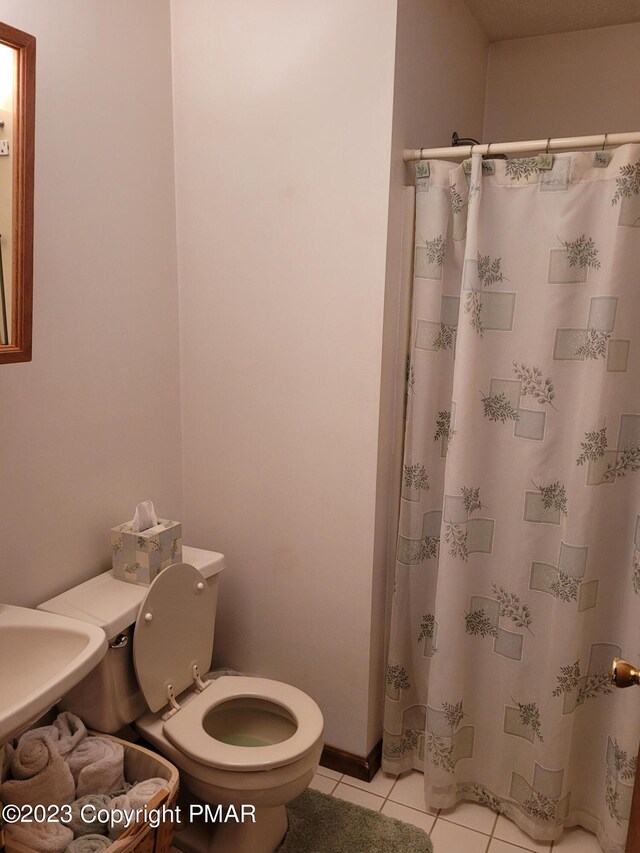 21 Cherry Ct, Clifton Township, PA 18424 - bathroom featuring tile patterned flooring, toilet, curtained shower, and a sink
